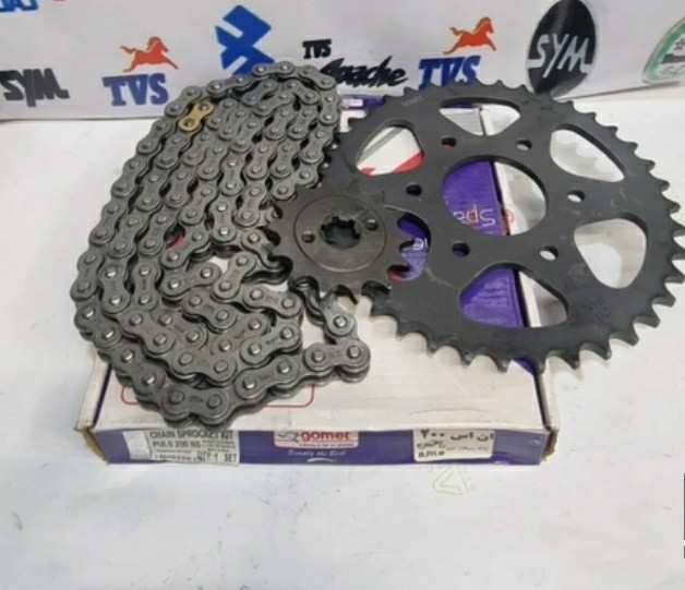 ست دنده ( طبق ) زنجیر جلو و چرخ عقب همراه با زنجیر موتور پالس NS 200و rs200 ان اس هندی درجه یک
